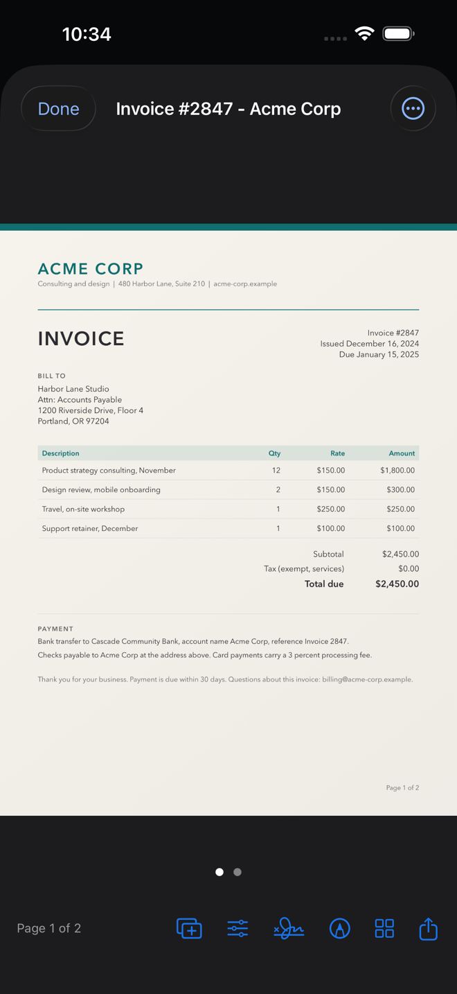 A scanned invoice open in PrivateScan on an iPhone, straightened and cleaned, with page and export controls below it.